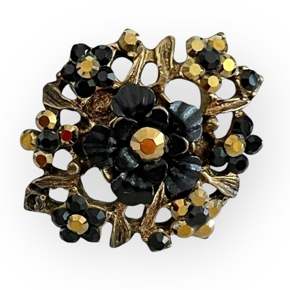 Michal Negrin Flower Swarovski Crystals Victorian Brass Fashion Adjustable Ring - Picture 1 of 9